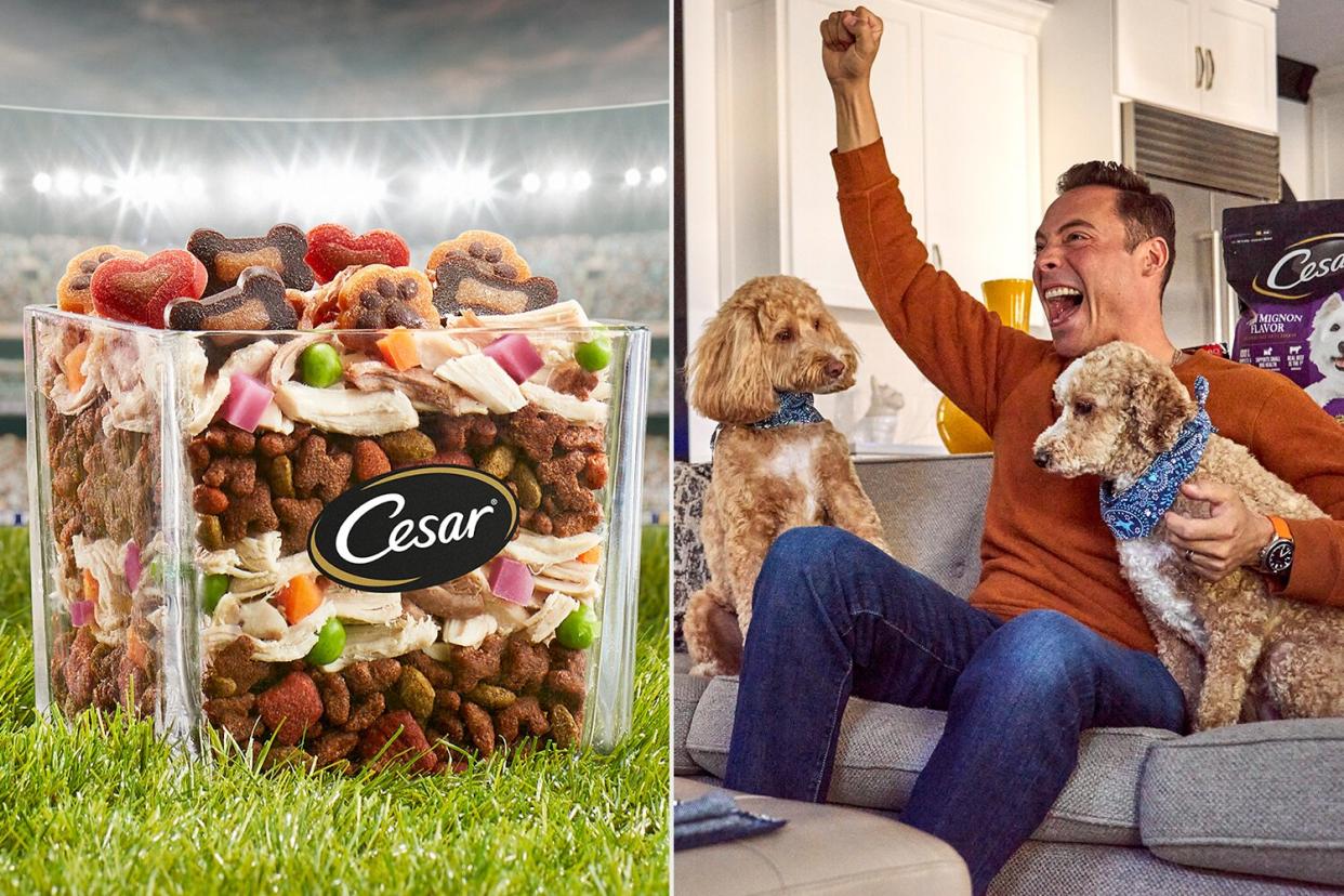 CESAR 7-Layer, Jeff Mauro and his two pups, JoJo and Pinot G with CESAR® Filet Mignon Flavor &amp; Spring Vegetables Garnish Dry Dog Food in the background