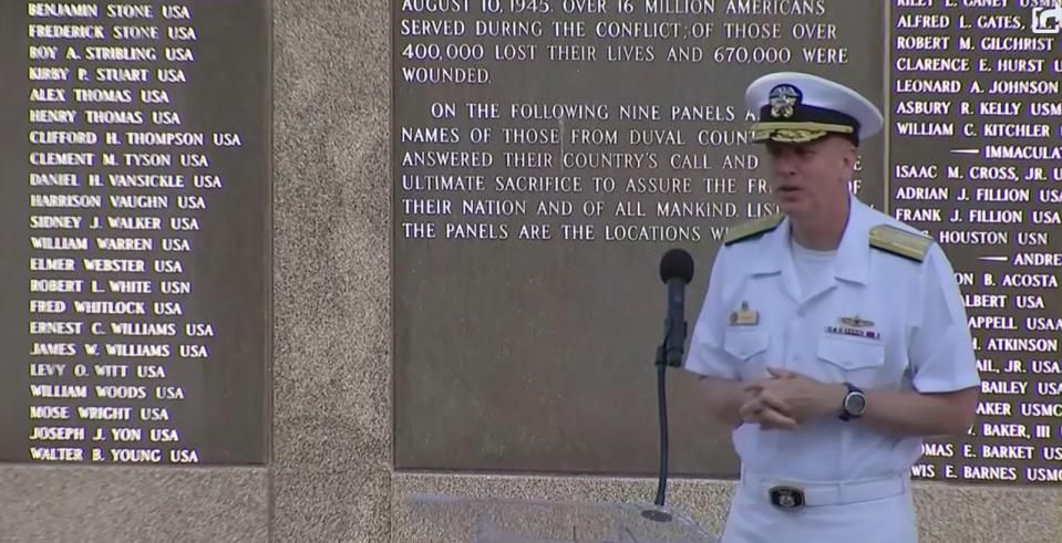 Rear Adm. James A. Aiken, commander of the U.S. Naval Forces Southern Command, based at Mayport Naval Station, spoke at Jacksonville's 2023 Memorial Day observance.