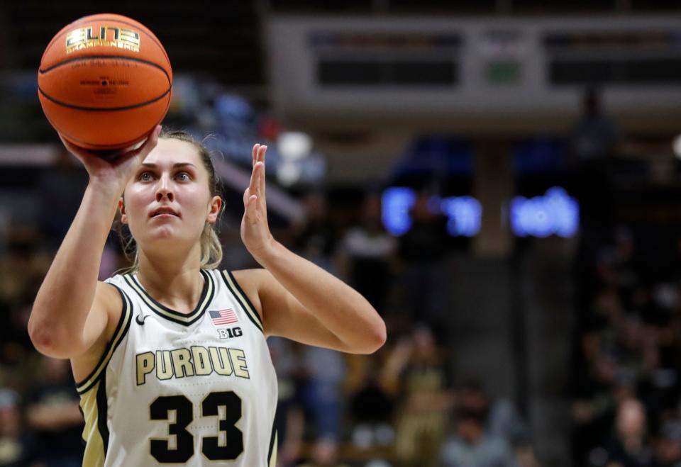 Purdue Boilermakers guard Madison Layden (33) shoots a free throw during the NCAA Big Ten Conference women’s basketball game against the Maryland Terrapins, Thursday, Dec. 8, 2022, at Mackey Arena in West Lafayette, Ind. Maryland won 77-74.
