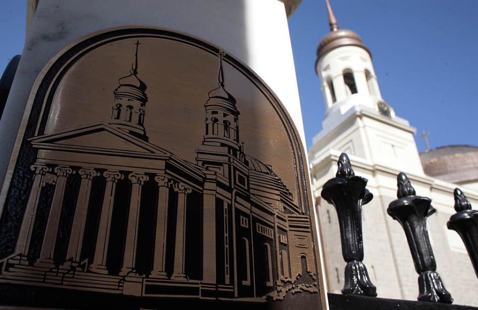 �A view of Baltimore's Basilica of the Assumption, the United States' first cathedral. The historic Baltimore Basilica, built from 1806-1821, was the first great metropolitan Cathedral constructed in America after the adoption of the Constitution. America's first cathedral is officially known as the Basilica of the National Shrine of the Assumption of the Blessed Virgin Mary.