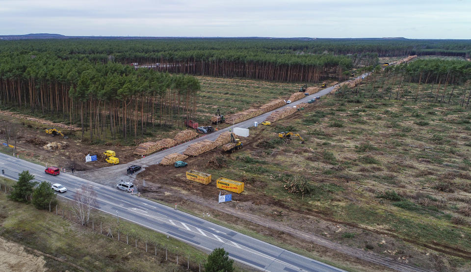 General view of the already partly cleared forest area on the future site oft he planned Tesla factory near Gruenheide, Germany, Monday, Feb. 17, 2020. The Higher Administrative Court for Berlin-Brandenburg ordered Tesla to stop clearing trees on the wooded site near Berlin until it considers an environmental group's appeal. In a statement Sunday, the court said it had to issue the injunction because otherwise Tesla might have completed the work over the next three days. (Patrick Pleul/dpa via AP)