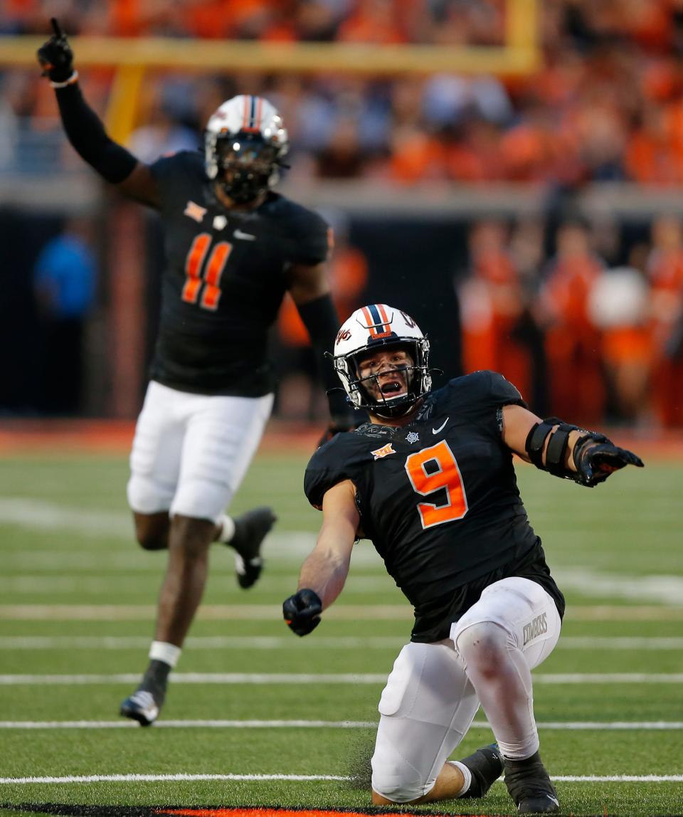 Oklahoma State defensive end Brock Martin (9) will be among the 26 seniors recognized before Saturday's game against West Virginia.