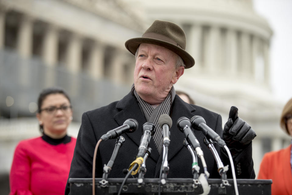 FILE - Rep. Jerry McNerney, D-Calif., accompanied by Rep. Rashida Tlaib, D-Mich., left, speaks at a news conference on Capitol Hill in Washington, , Jan. 17, 2019. Two more House Democrats have announced they won't be seeking reelection in November. The announcements by Reps. Jim Langevin of Rhode Island and Jerry McNerney of California bring the total of House Democrats leaving Congress to 28. (AP Photo/Andrew Harnik, file)