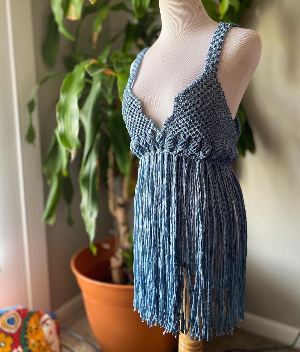 Blue top by MacraMAKES designer Victoria Walsh will be modeled at Fleurish sustainable fashion event on April 24, 2022.