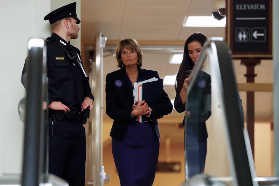 Sen. Lisa Murkowski, R-Alaska, walks in the basement of the U.S. Capitol in Washington, Thursday, Jan. 30, 2020, while leaving at the end of a session in the impeachment trial of President Donald Trump.