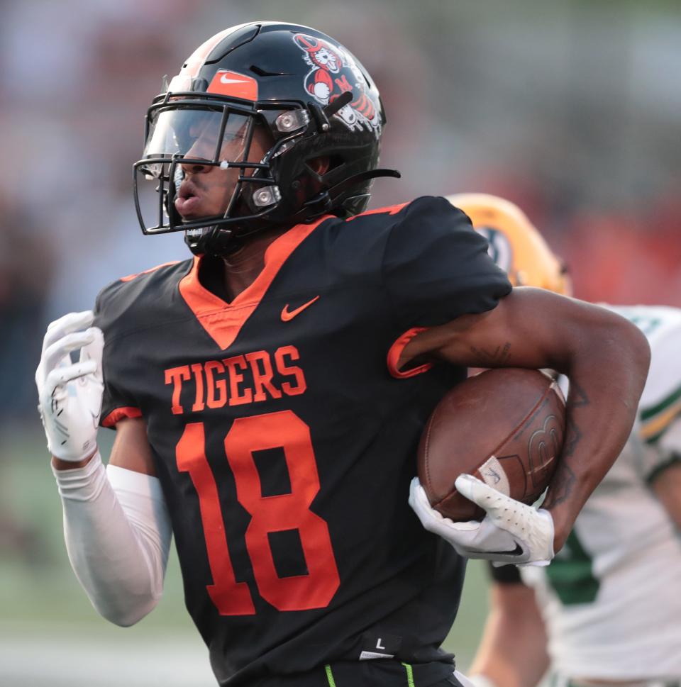 Massillon receiver Ardell Banks scores a touchdown against St. Edward, Sept. 16, 2022, at Paul Brown Tiger Stadium.