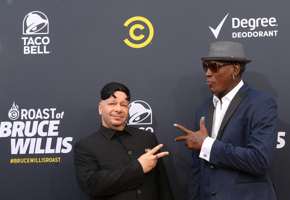 Jeff Ross and Dennis Rodman arrive to the Comedy Central 'Roast of Bruce Willis' held on July 14, 2018 in Los Angeles, California. (Photo: Michael Tran via Getty Images)