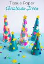 <p>Colorful tissue paper, star cut-outs and pom poms make these 3D trees come to life. They double as decor, too: Once they're dry, dot them across your mantel, staircase or shelves.</p><p><em><a href="https://designimprovised.com/2018/12/kids-week-tissue-paper-christmas-trees.html" rel="nofollow noopener" target="_blank" data-ylk="slk:Get the tutorial at Design Improvised »;elm:context_link;itc:0;sec:content-canvas" class="link ">Get the tutorial at Design Improvised »</a></em></p>
