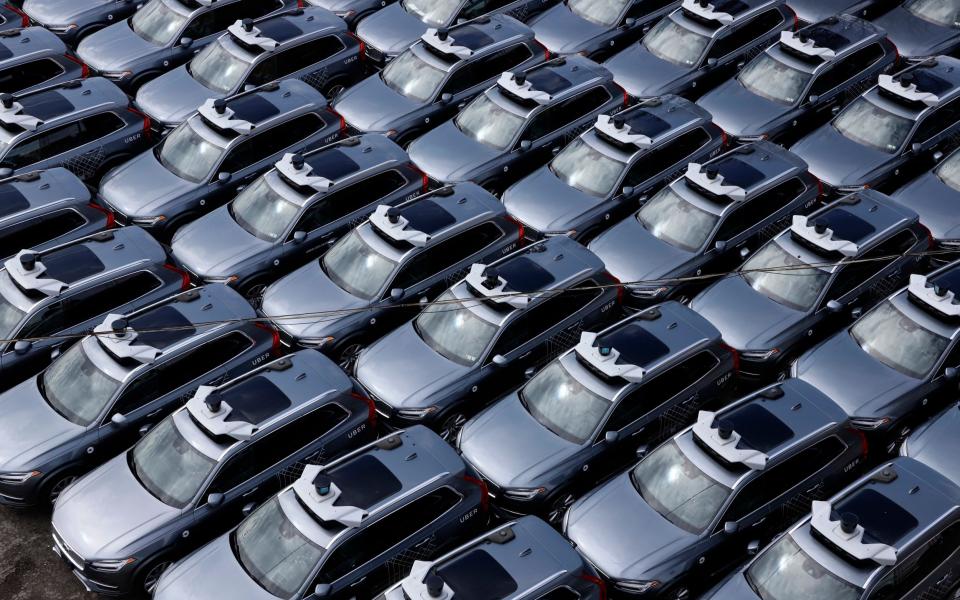 An Uber car-park full of self-driving Volvos in Pittsburgh in 2020