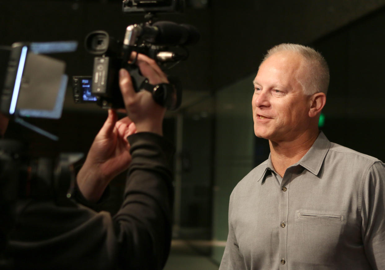 LOS ANGELES, CA - NOVEMBER 01:  Comedian Kenny Mayne being interviewed on the red carpet at the screening of go90's 