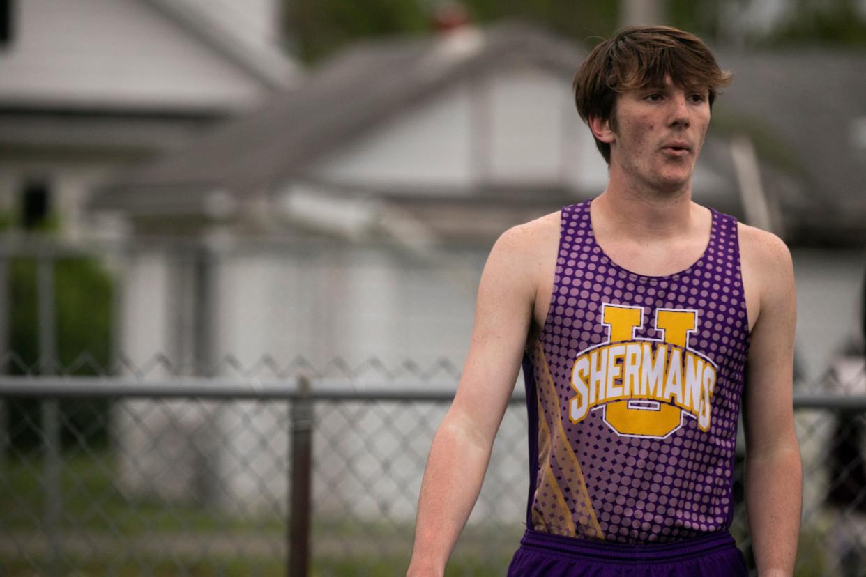 Unioto's JJ LaRue competes in the Boys 4X400 Relay during the Ross County Track and Field Meet at Adena High School on May 2, 2023, in Frankfort, Ohio.