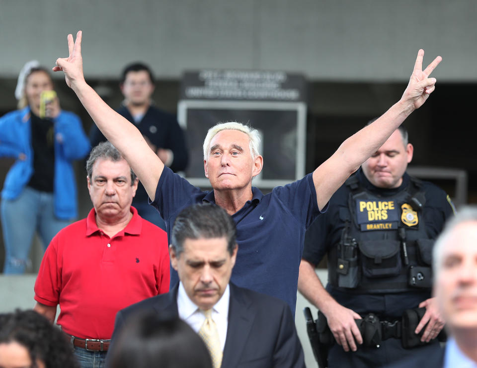 Roger Stone meets members of the media outside federal court in Fort Lauderdale, Fla., on Friday. (Photo: Saul Martinez/Bloomberg via Getty Images)