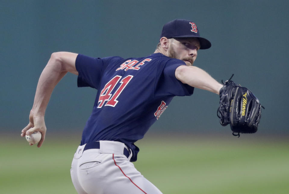 Boston Red Sox starting pitcher Chris Sale delivers in the first inning of the team's baseball game against the Cleveland Indians, Friday, Sept. 21, 2018, in Cleveland. (AP Photo/Tony Dejak)