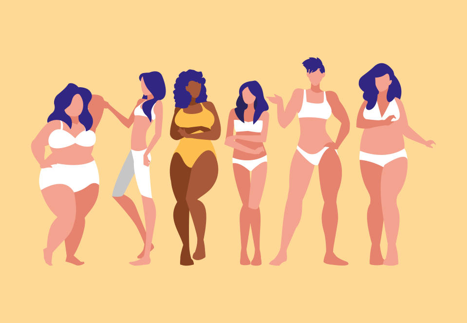 women of different sizes and races modeling underwear vector illustration design