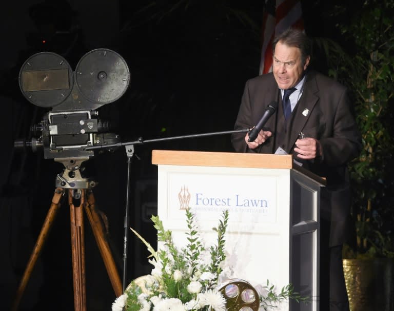 Dan Aykroyd was among the stars who made their way to the Forest Lawn cemetery to celebrate the lives of celebrity mother and daughter Debbie Reynolds and Carrie Fisher