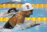 Hungary's Katinka Hosszu competes during the women's 200 meters individual medley finals at the European Aquatics Championships in Duna Arena in Budapest, Hungary, Saturday, May 22, 2021. (AP Photo/Petr David Josek)