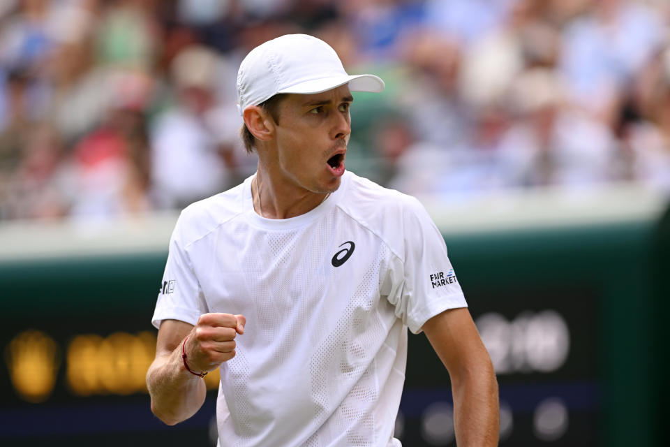 Alex de Minaur, pictured here in action against Liam Broady at Wimbledon.