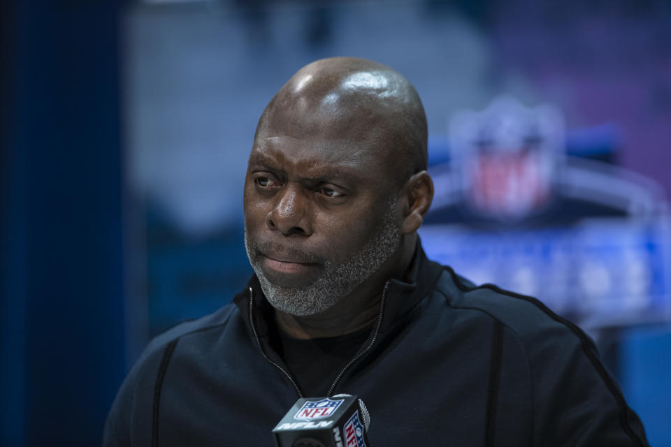 Anthony Lynn speaks during a news conference at the NFL scouting combine.