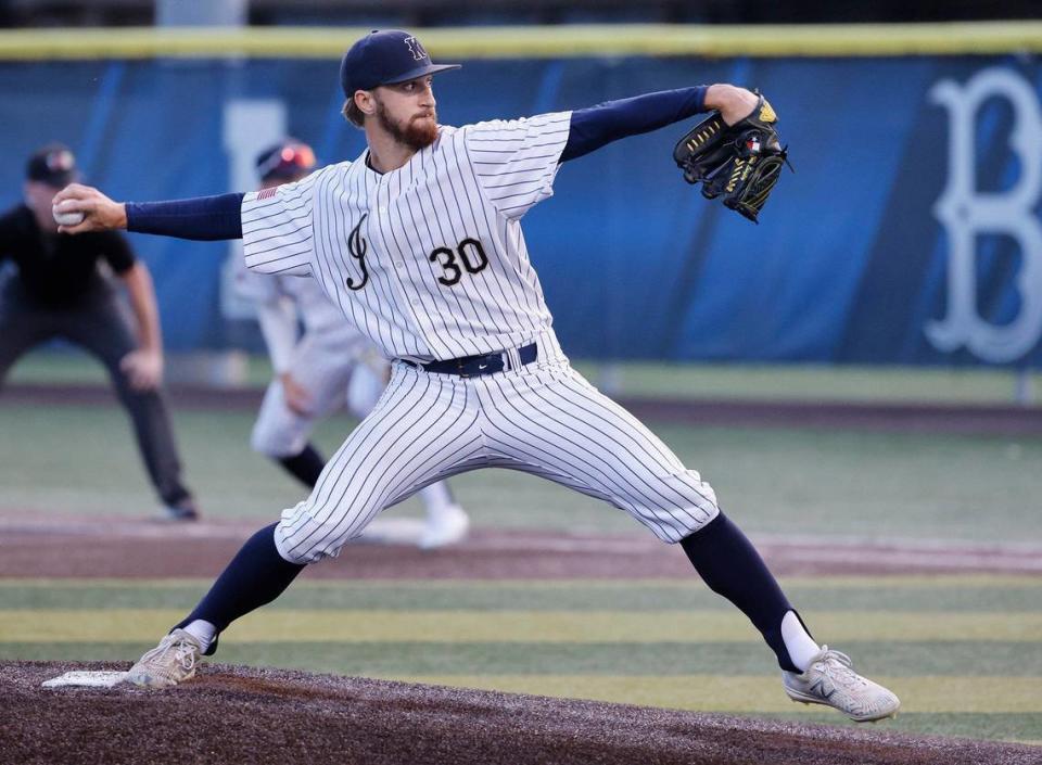 Keller pitcher Chris Langley pitched a complete game only allowing Southlake two hits during a UIL District 6A Region 1 Quarterfinals baseball game at L.D. Bell in Hurst, Texas, Thursday, May 16, 2024.