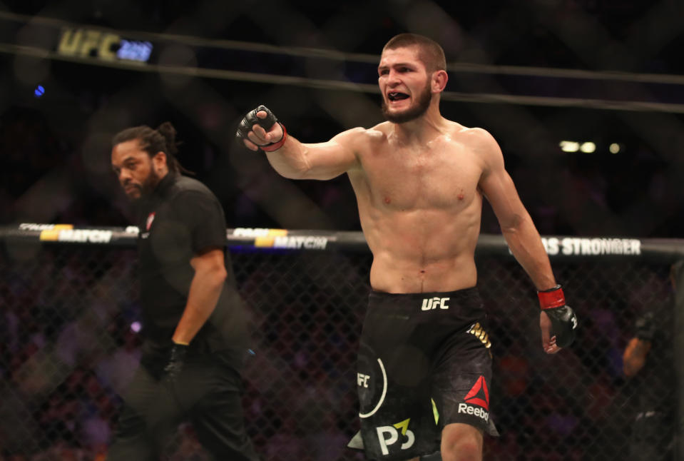 Khabib Nurmagomedov reacts after submitting Conor McGregor at UFC 229 at T-Mobile Arena on Oct. 6, 2018 in Las Vegas. (Getty Images)