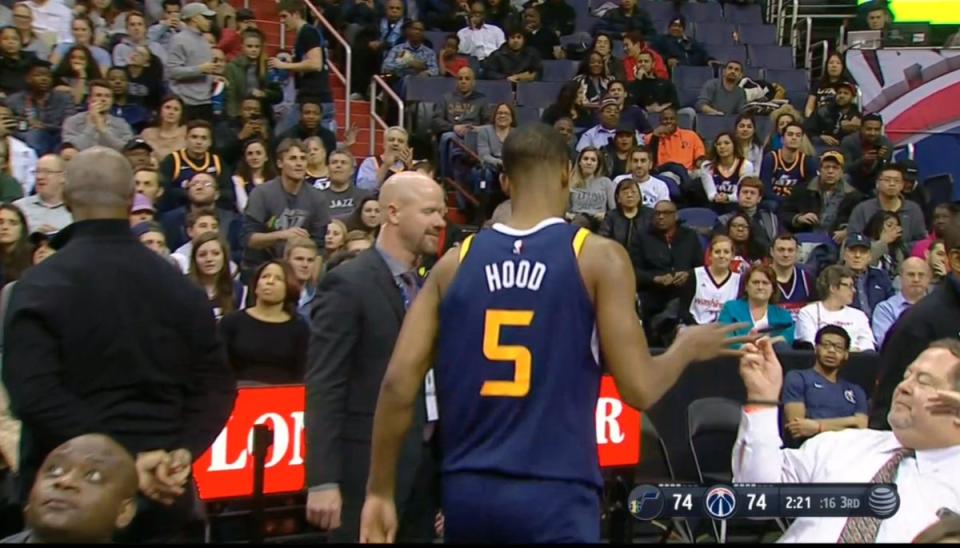 Rodney Hood hopes you bought the insurance, my dude. (Screencap via NBA)