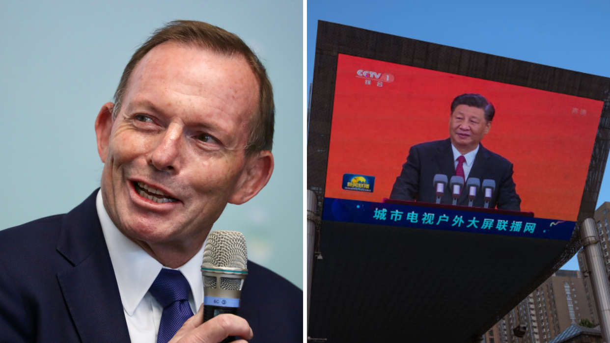 image of Tony Abbott at Taipei speech grinning; screen of Chinese President Xi Jinping