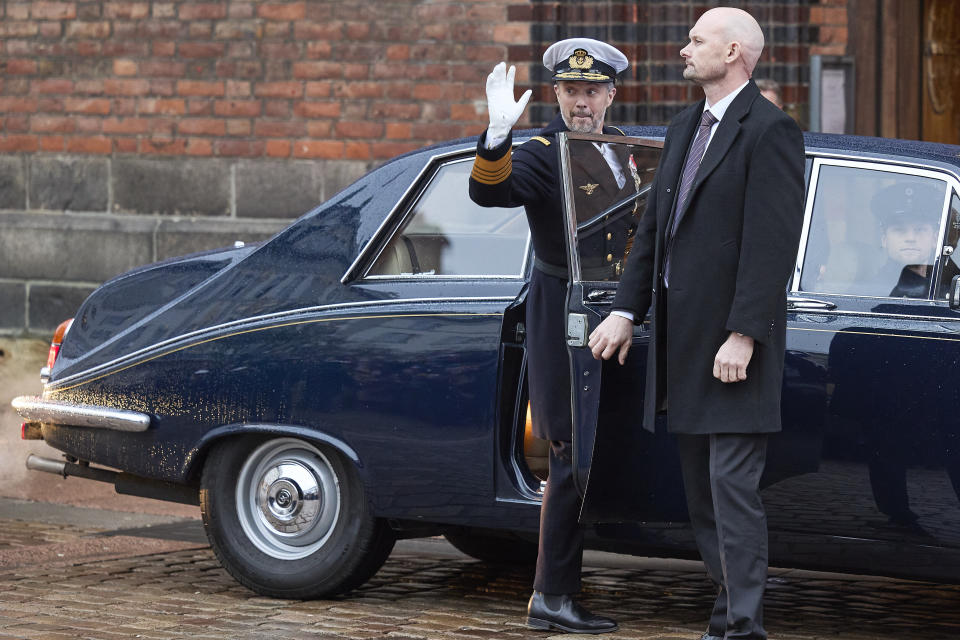 Denmark's King Frederik X greets the crowd after a service on the occasion of the change of throne in Denmark, in Aarhus Cathedral, Aarhus, Denmark, Sunday Jan. 21, 2024. Its the first public appearance in Jutland by Denmark's new King and Queen since the change of throne last Sunday. (Mikkel Berg Pederson/Ritzau Scanpix via AP)