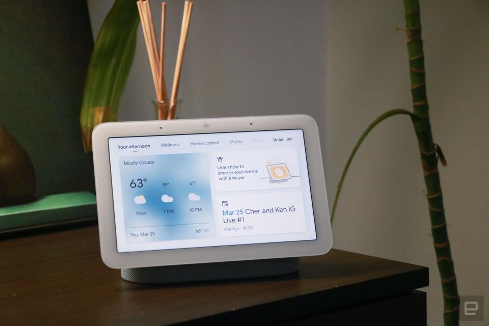 <p>Google Nest Hub 2021 (2nd gen) photo. Picture of Google's newest smart display on a nightstand.</p>
