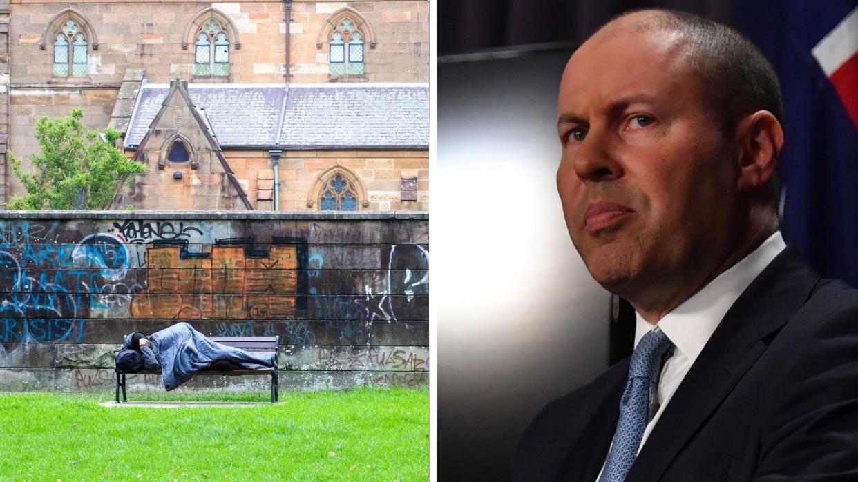 Homeless person sleeping on park bench and Treasurer Josh Frydenberg