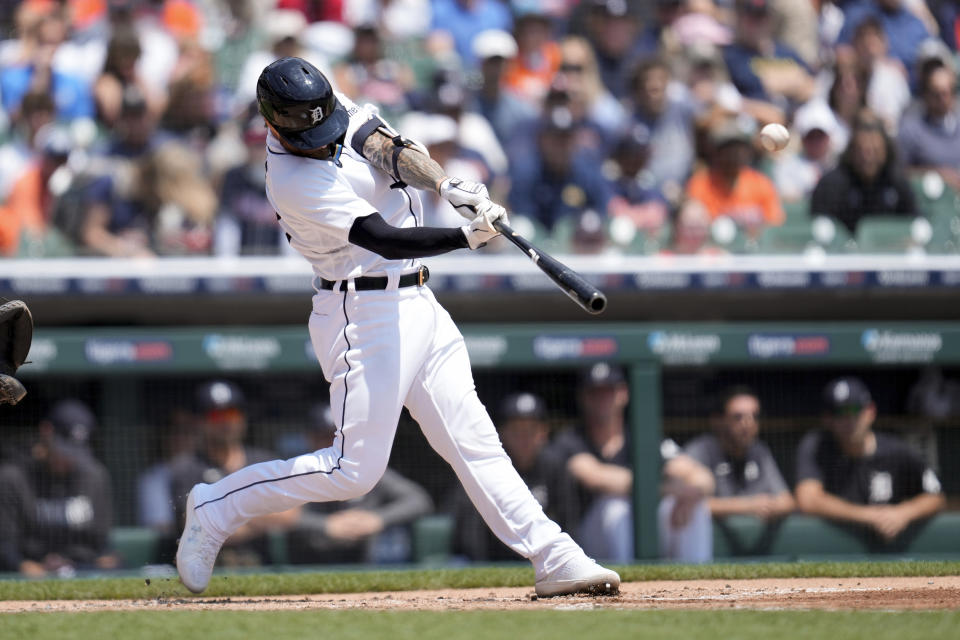 Detroit Tigers' Eric Haase hits a home run against the Atlanta Braves in the second inning during the first baseball game of a doubleheader, Wednesday, June 14, 2023, in Detroit. (AP Photo/Paul Sancya)