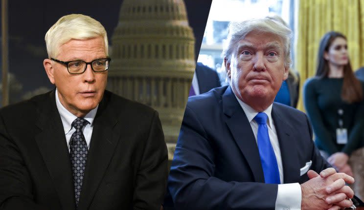 Hugh Hewitt and Donald Trump. (Photos: William B. Plowman/NBC/NBC NewsWire via Getty Images, Shawn Thew/Pool via Bloomberg)