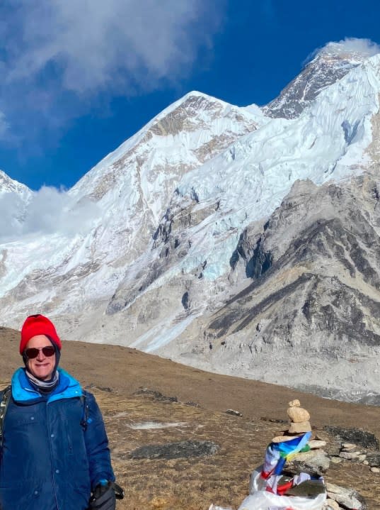 Walnut Creek Councilmember, Kevin Wilk on Kala Patthar mountain with a prayer monument and Mount Everest in the background during a recent trip to the Mount Everest South Base Camp at 17,598″ in Nepal. The expedition team would reach the base camp the next day. Wilk left on Oct. 26 and returned on Nov. 18, 2023 with the ascent taking nine days and decent five days. He was on the mountain for a total of 15 days. (Kevin Wilk via Bay City News)