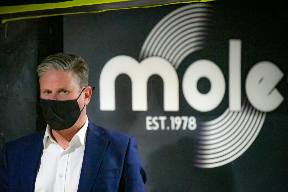 <p>Labour leader Sir Keir Starmer, on stage at Moles bar during a visit to Bath, to support West of England metro mayoral candidate Dan Norris and mark Labour's launch of an independent Commission to rebuild Britain's high streets. Picture date: Monday April 19, 2021.</p>
