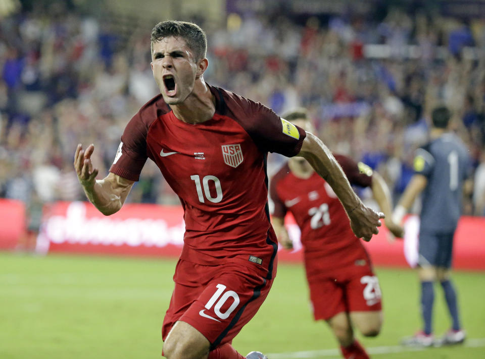FILE - United States' Christian Pulisic (10) celebrates after scoring a goal against Panama during the first half of a World Cup qualifying soccer match, Friday, Oct. 6, 2017, in Orlando, Fla. The United States will play its final home World Cup qualifier at Orlando, Florida, on March 27 against Panama. The U.S. Soccer Federation announced Wednesday, Jan. 19, 2022, that the match will be at Exploria Stadium, where the Americans beat Panama 4-0 on Oct. 6, 2017, also their next-to-last qualifier.(AP Photo/John Raoux, File)