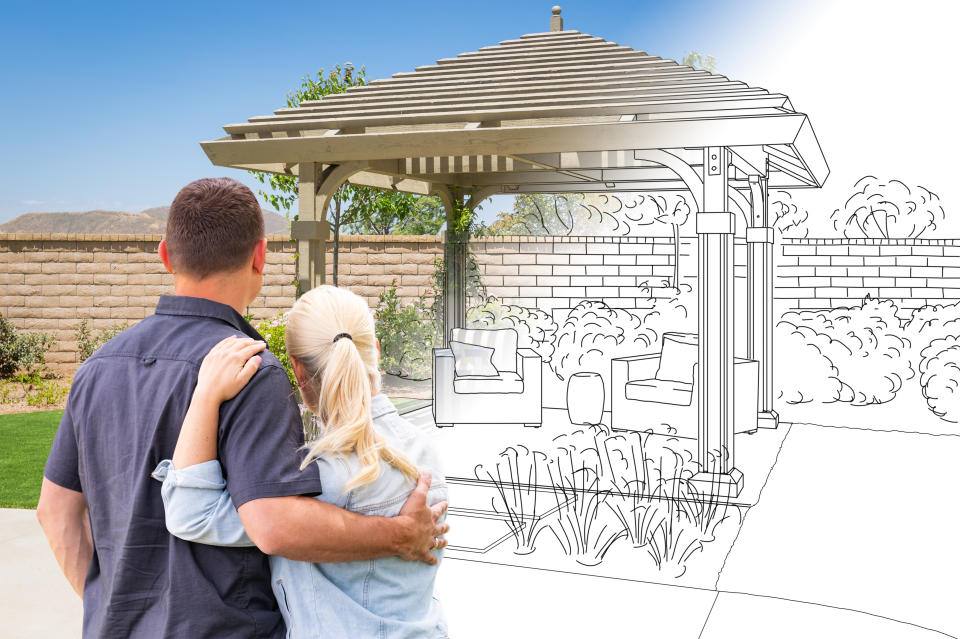 Couple Facing Pergola Drawing Gradating To Photo.