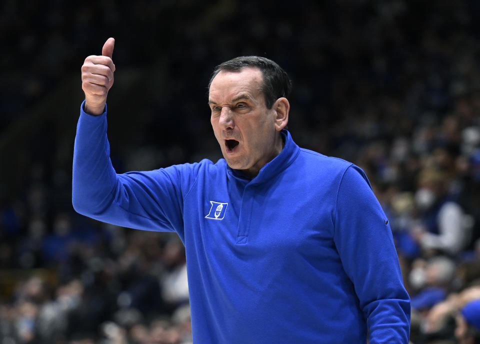 DURHAM, NORTH CAROLINA - FEBRUARY 15:  Head coach Mike Krzyzewski of the Duke Blue Devils directs his team against the Wake Forest Demon Deacons during the first half at Cameron Indoor Stadium on February 15, 2022 in Durham, North Carolina. Krzyzewski did not return to the team bench after halftime and associate head coach Jon Scheyer of the Duke Blue Devils took over in the second half. (Photo by Grant Halverson/Getty Images)