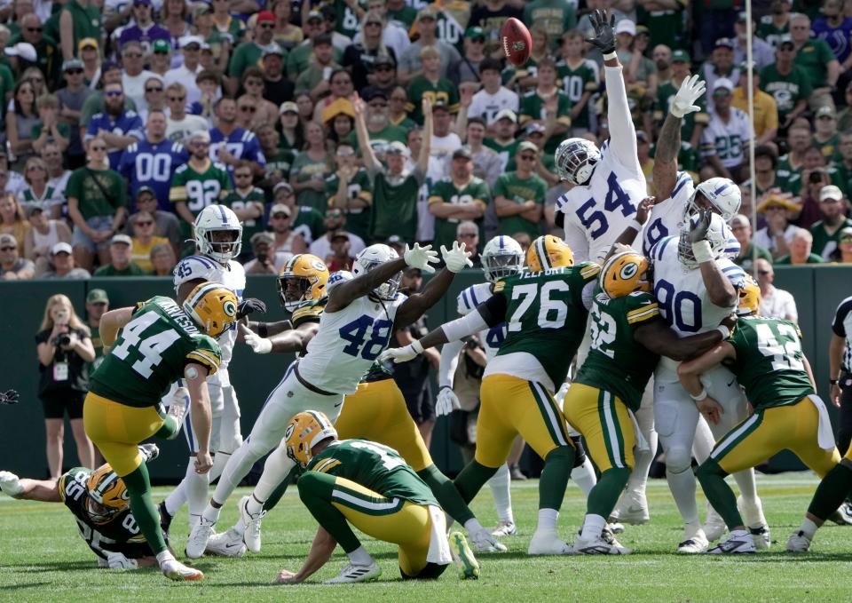 Brayden Narveson scores a field goal in the third quarter of the Green Bay Packers' home opener against the Indianapolis Colts on Sunday, September 15.