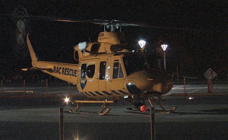 The RAC Rescue chopper carrying two hurt children lands in Perth last night. Picture: Seven News