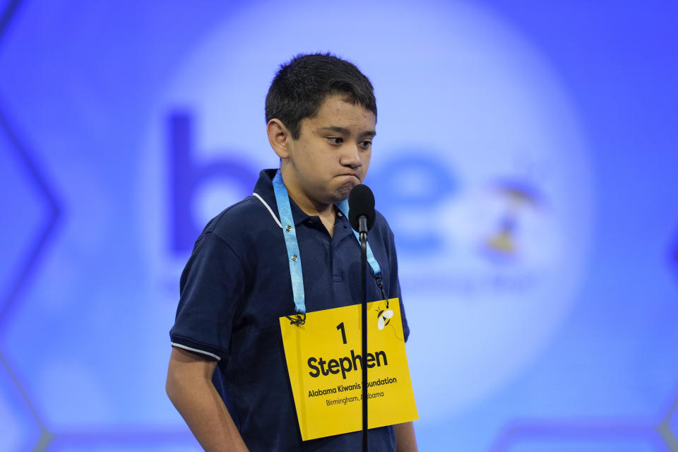 Stephen Briscoe, 14, from Hanceville, Ala., competes during the Scripps National Spelling Bee, Tuesday, May 30, 2023, in Oxon Hill, Md. (AP Photo/Alex Brandon)