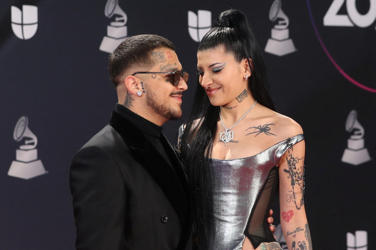 Christian Nodal and Cazzu pose on the red carpet during the 23rd Annual Latin Grammy Awards show in Las Vegas, Nevada, U.S., November 17, 2022. REUTERS/Steve Marcus