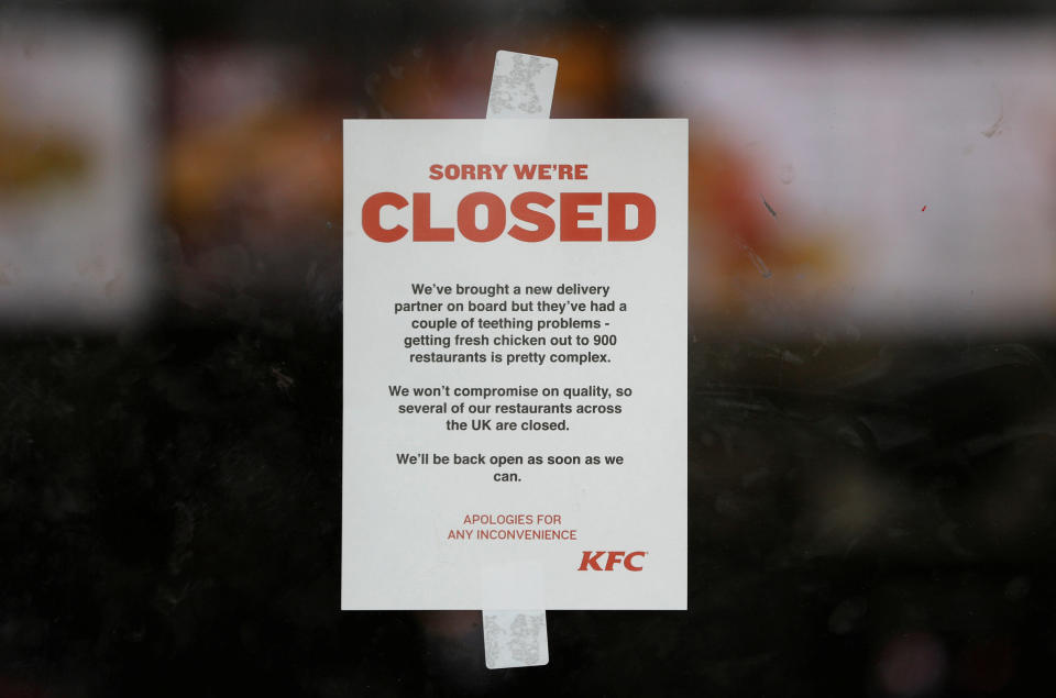 A sign announcing a KFC restaurant's closure is seen in Coalville, England, on Monday. (Photo: Darren Staples / Reuters)