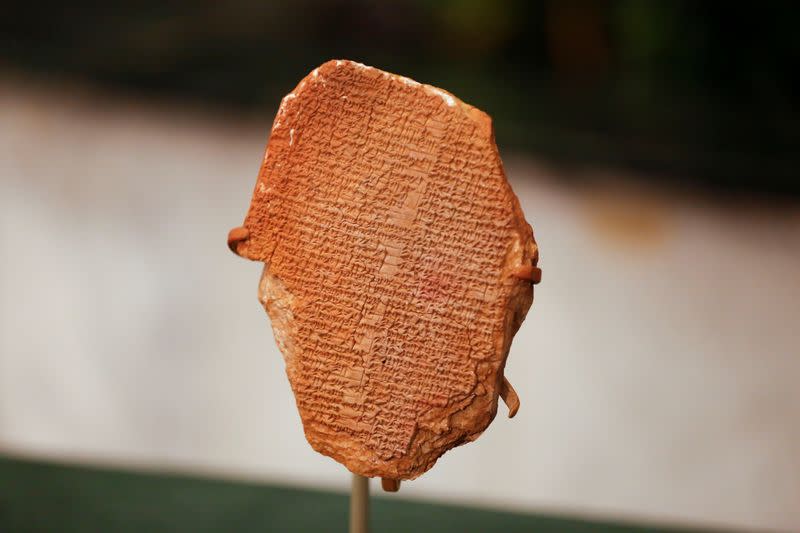 The Gilgamesh Dream Tablet, stolen from Iraq in 1991, returned to Iraq after it was seized by the U.S. government, is displayed at the Ministry of Foreign Affairs in Baghdad