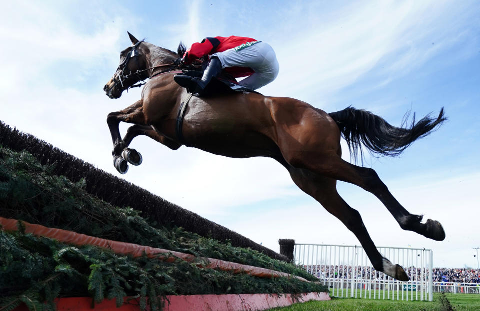 Ahoy Senor ridden by Derek Fox on their way to winning the Betway Mildmay Novices' Chase on Ladies Day at Aintree Racecourse, Liverpool, during the Randox Health Grand National Festival. Picture date: Friday April 8, 2022. (Photo by Mike Egerton/PA Images via Getty Images)