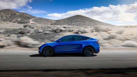 Tesla Inc's Model Y electric sports utility vehicle is pictured in this undated handout photo released on March 14, 2019. Tesla Motors/Handout via Reuters