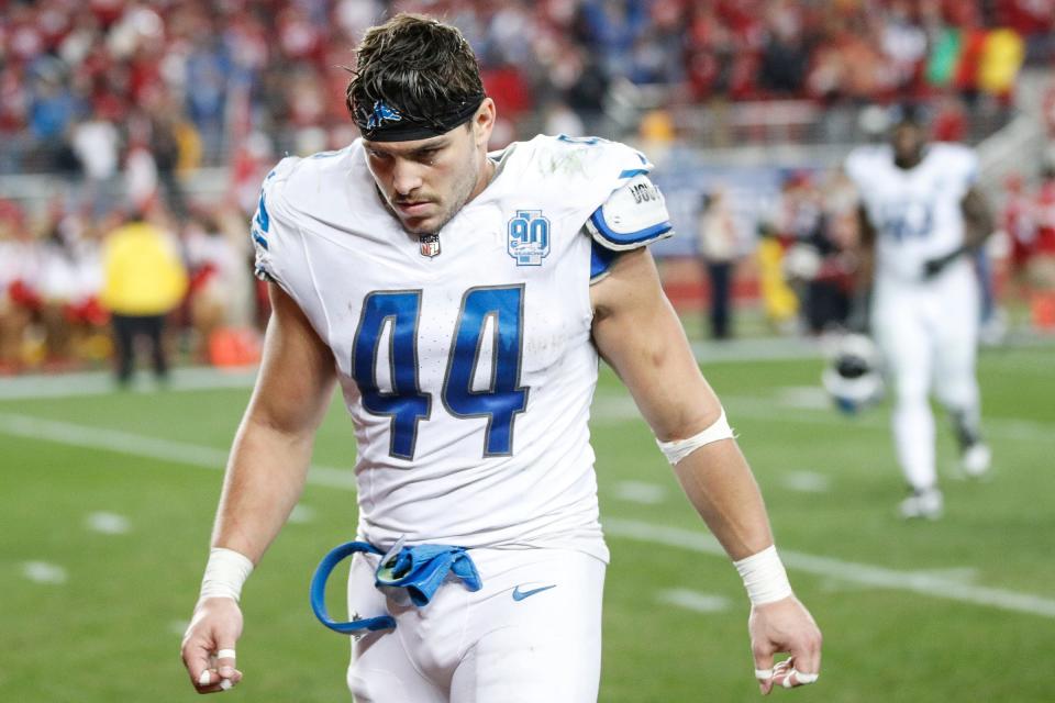 Lions linebacker Malcolm Rodriguez walks off the field after the 34-31 loss to the 49ers in the NFC championship game in Santa Clara, California, on Sunday, Jan. 28, 2024.