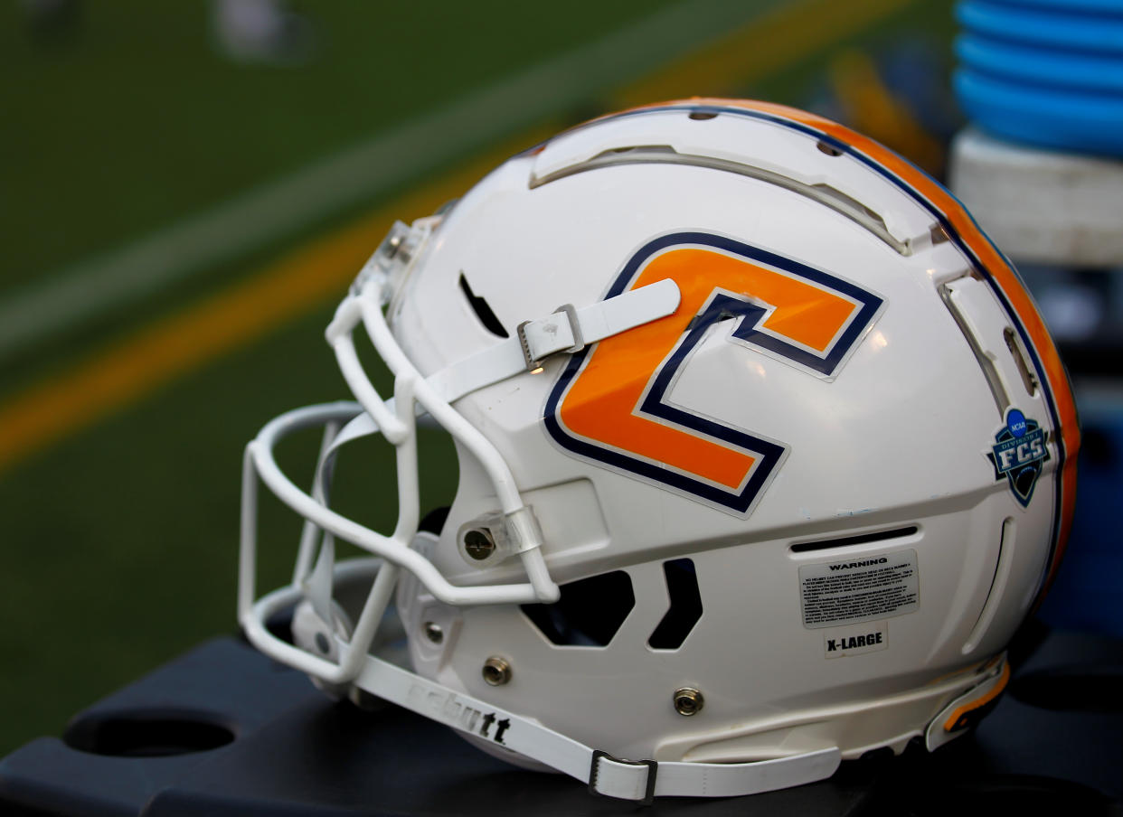 CHATTANOOGA, TN - SEPTEMBER 22: A Chattanooga Mocs helmet sits on the water table. The Chattanooga Mocs defeated the Samford Bulldogs 27-20 on September 22, 2018 at Finley Stadium in Chattanooga, Tennessee. (Photo by Charles Mitchell/Icon Sportswire via Getty Images)