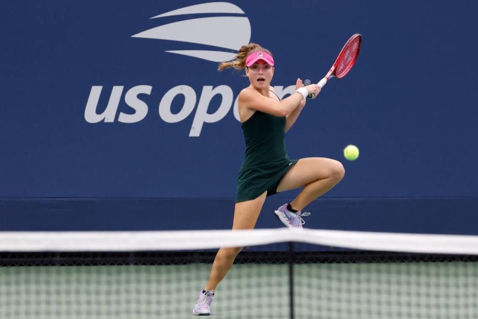 Fiona Crawley of the Unites States hits a forehand against Anastasia Pavlyuchenkova (not pictured) on day two of the 2023 U.S. Open tennis tournament at USTA Billie Jean King National Tennis Center.