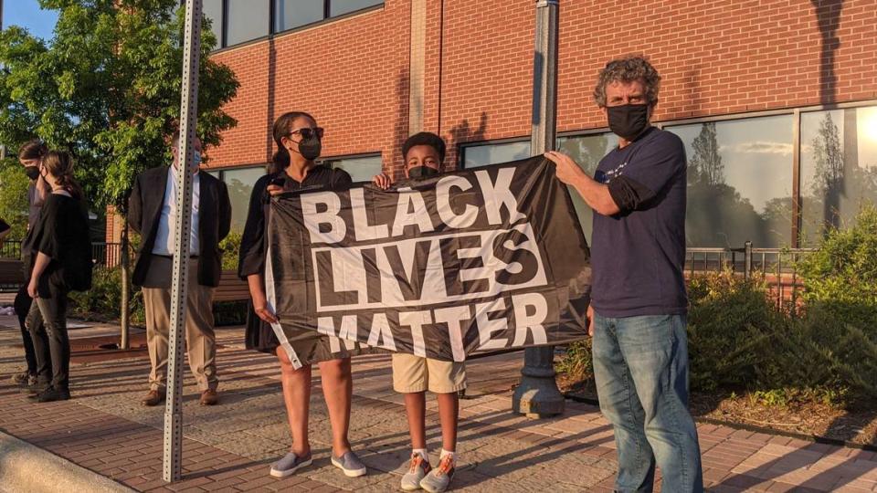 About 25 people gathered outside Fuquay-Varina’s Town Hall on April 20, 2021, to protest for Black Lives Matter and to celebrate the guilty verdict in the George Floyd murder trial. The protest was organized by Emancipate NC.