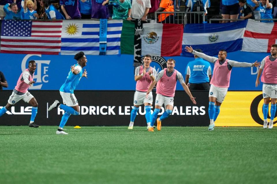 harlotte FC midfielder Brandon Cambridge (36) celebrates with teammates after his tying goal against the Chicago Fire during the second half at Bank of America Stadium. Jim Dedmon/Jim Dedmon-USA TODAY Sports