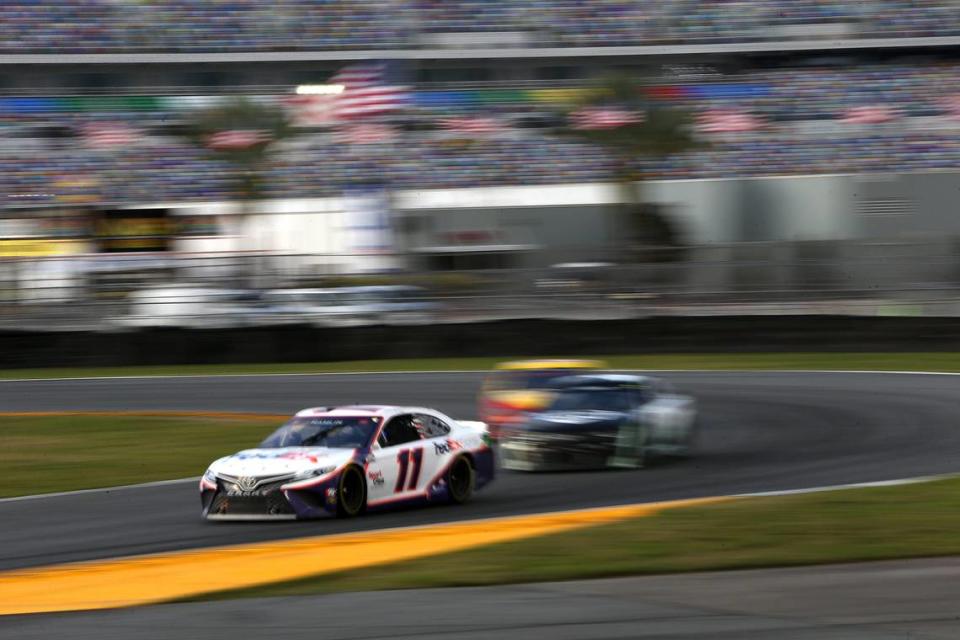 Denny Hamlin, driver of the #11 FedEx Express Toyota, drives during the NASCAR Cup Series O’Reilly Auto Parts 253 at Daytona International Speedway on Sunday.